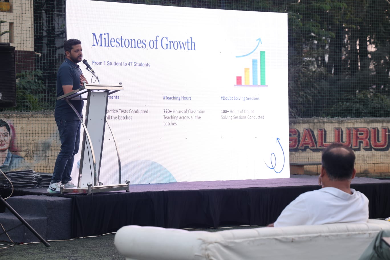 Founder presenting the academy's milestones of growth